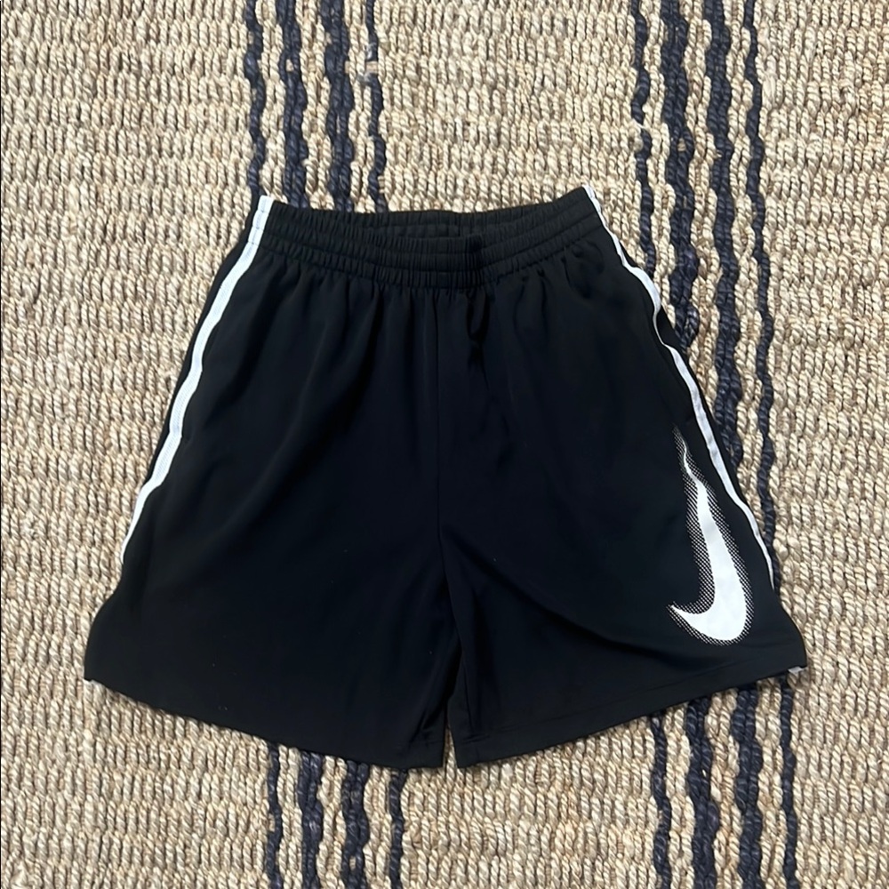 Nike Signature Logo Youth Boys Black Athletic Shorts with White Swoosh. EUC.